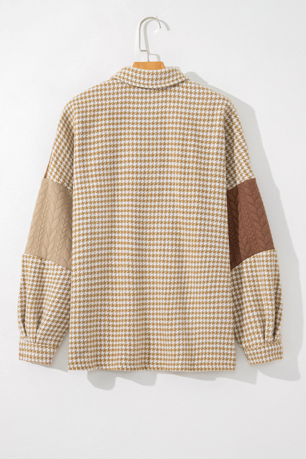 Khaki Houndstooth Color Contrast Textured Patchwork Shacket