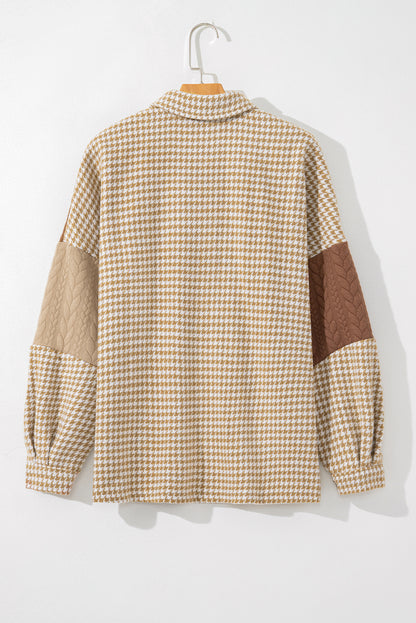 Khaki Houndstooth Color Contrast Textured Patchwork Shacket