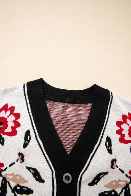 Floral V Neck Button Front Knit Cardigan Sweater