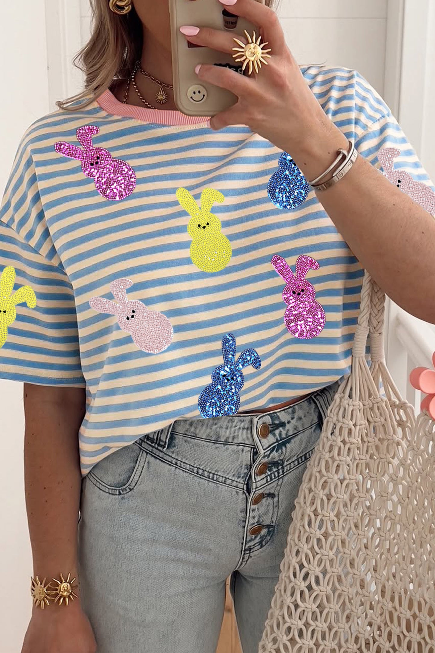 Easter Sequin Bunny Striped Short Sleeve Graphic Tee