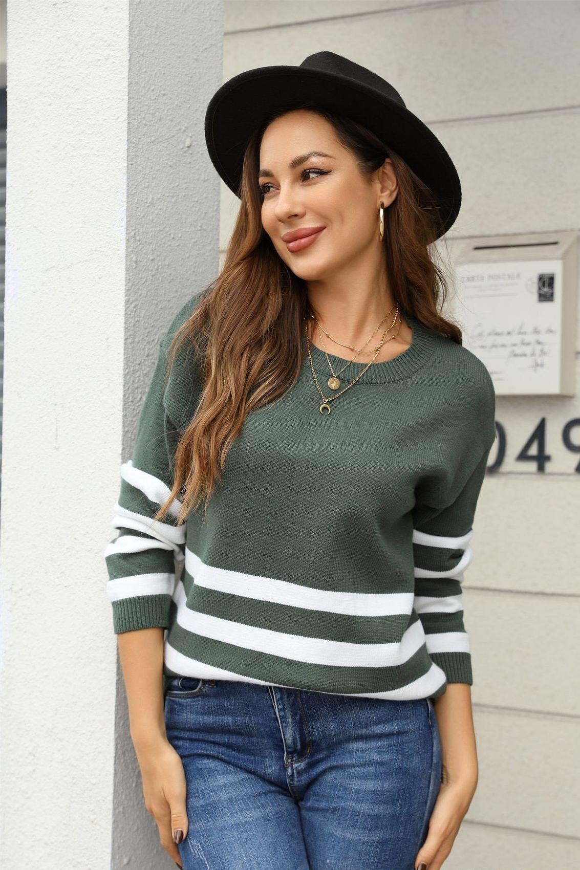 Colorblock Striped Knit Sweater – Loose Fit Pullover Top