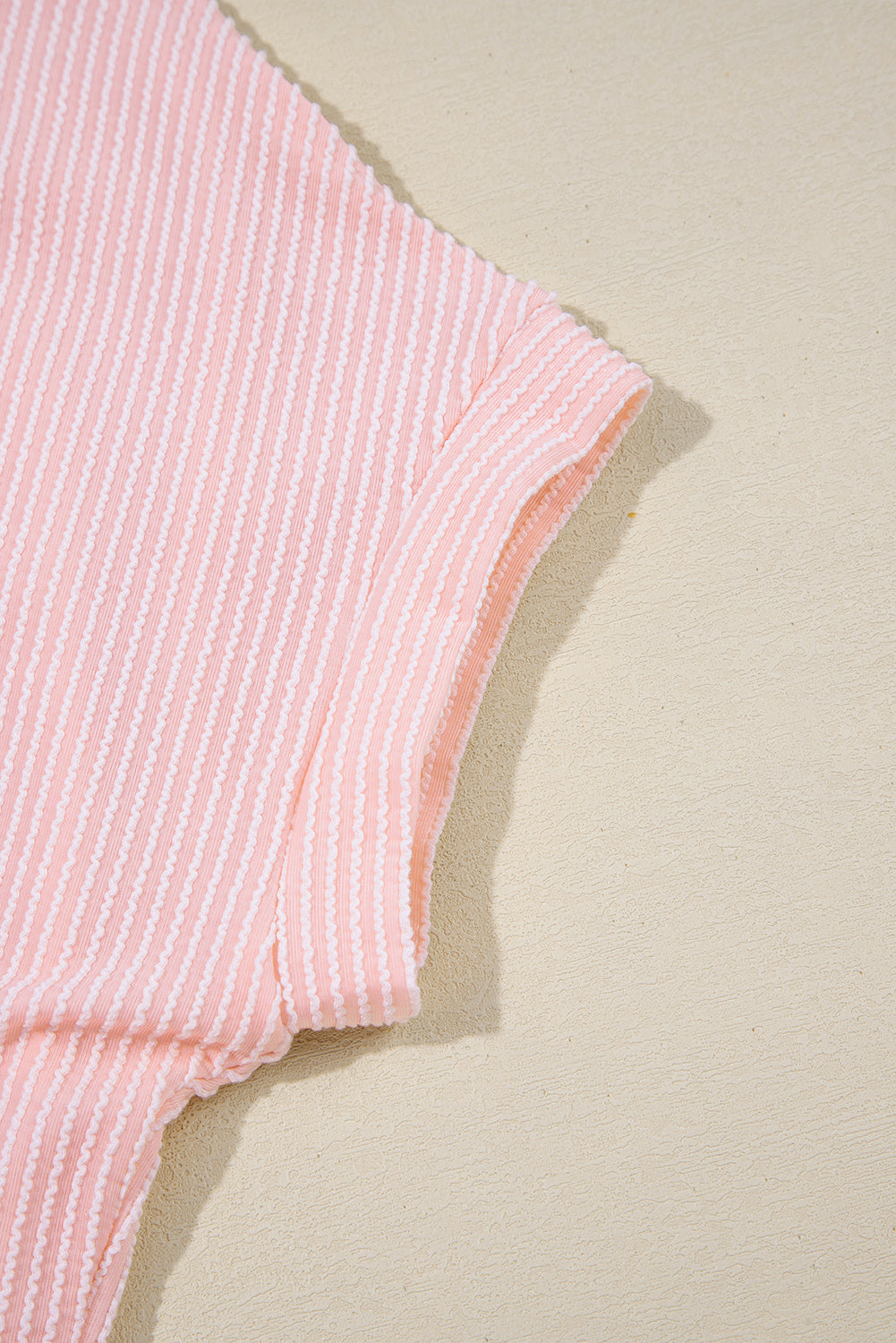Pink Striped Textured Knit Pocket Casual Tee