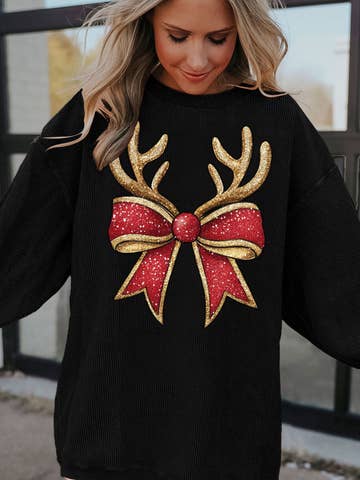 Christmas Antler Bow Graphic Corded Pullover Sweatshirt