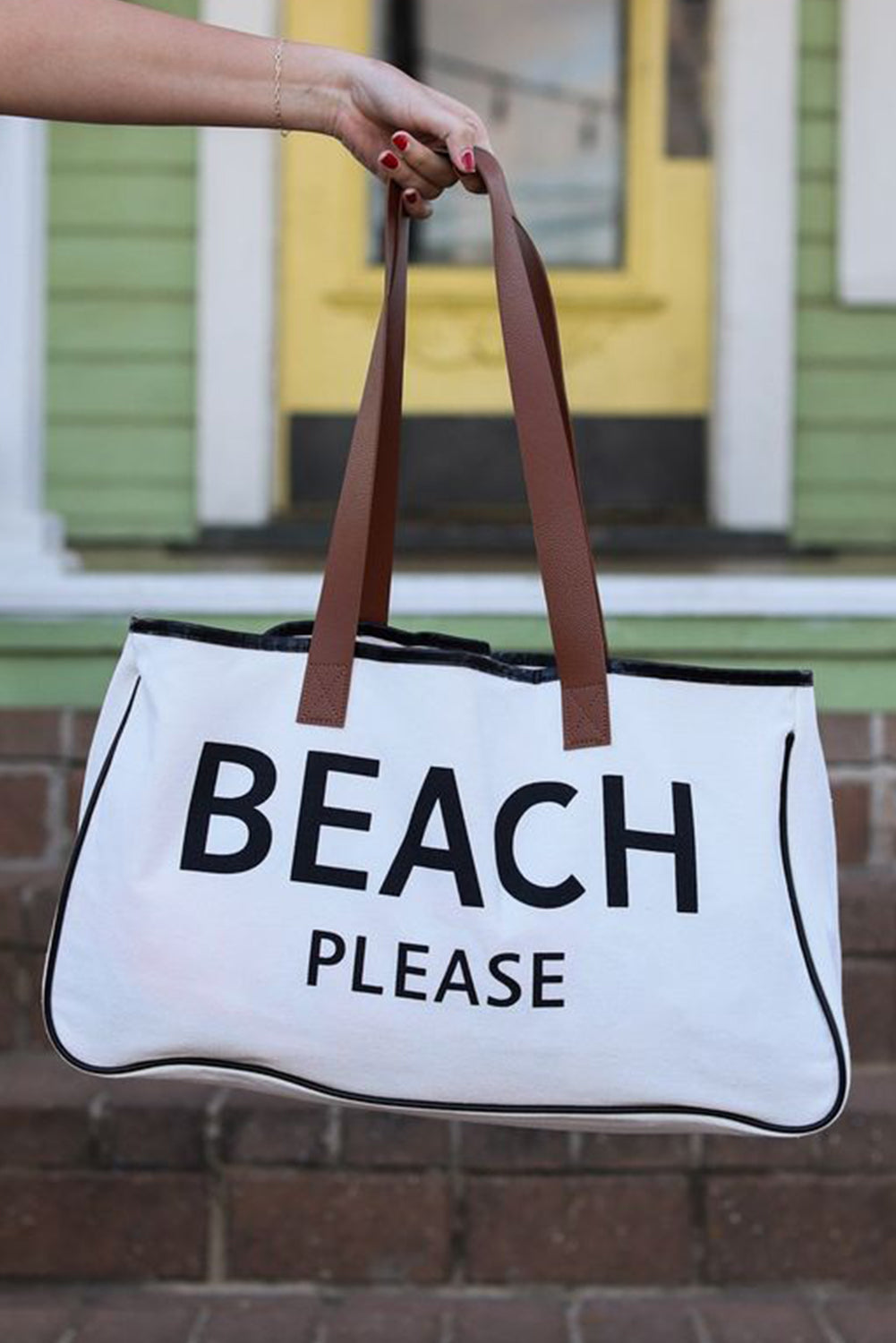 White BEACH PLEASE Print Large Canvas Tote Bag