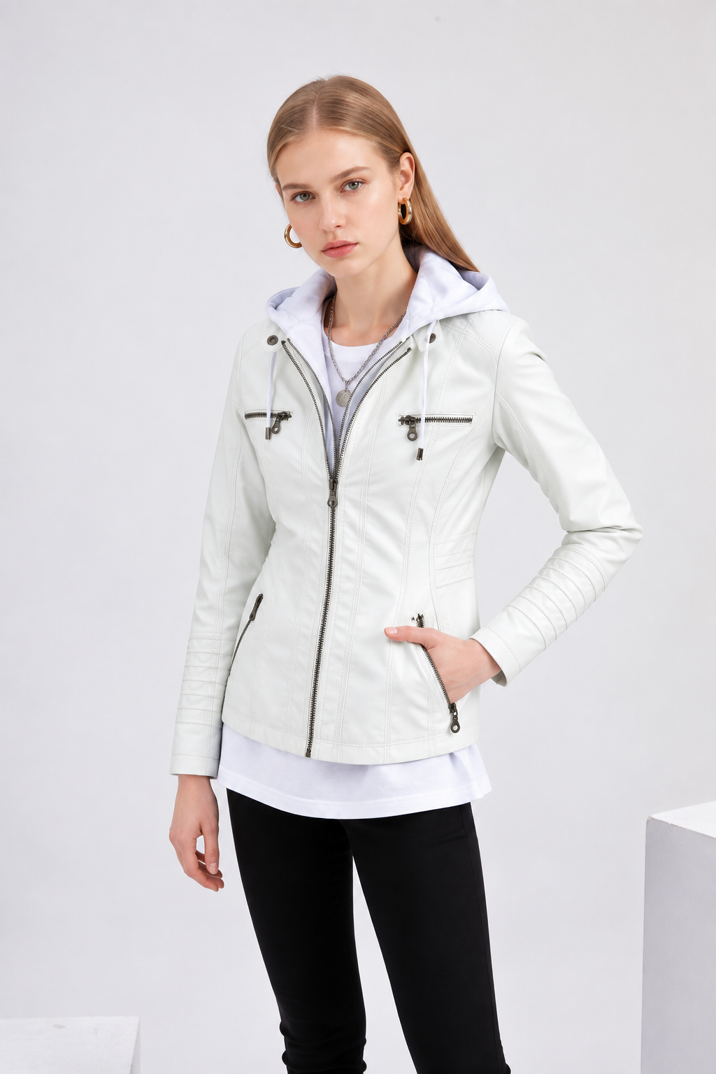 Women's Faux Leather Moto Jacket Removable Hood Plus Size