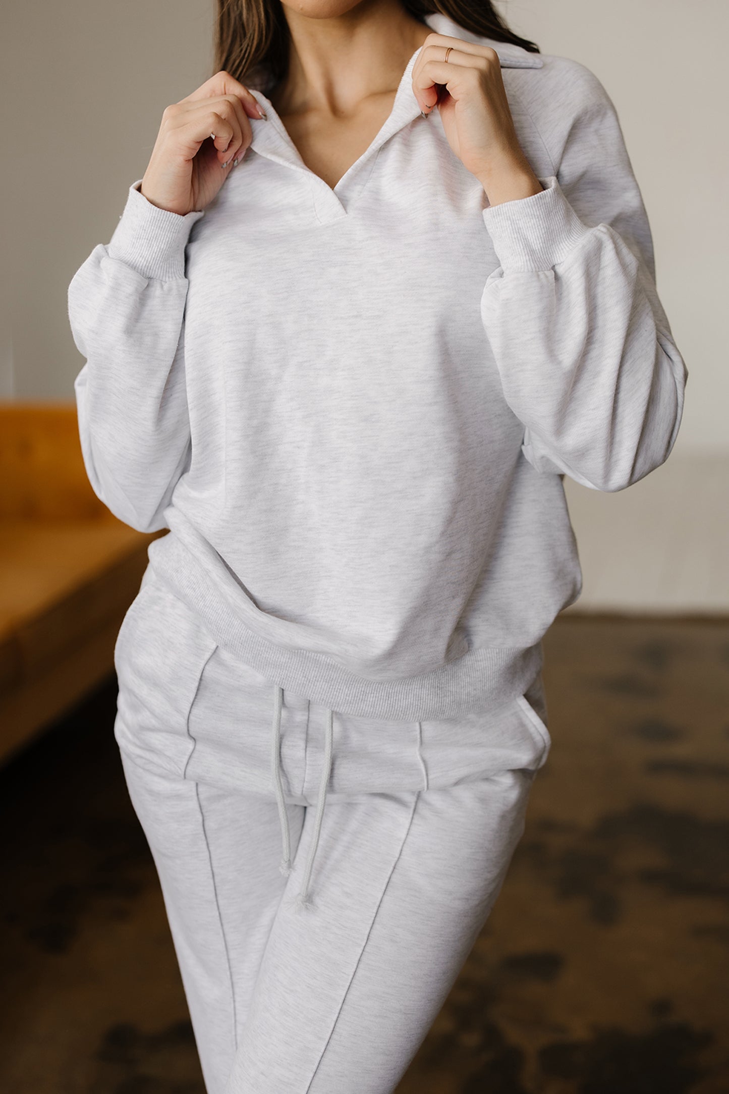 Light Grey Polo Collar Pullover & Drawstring Sweatpants Set
