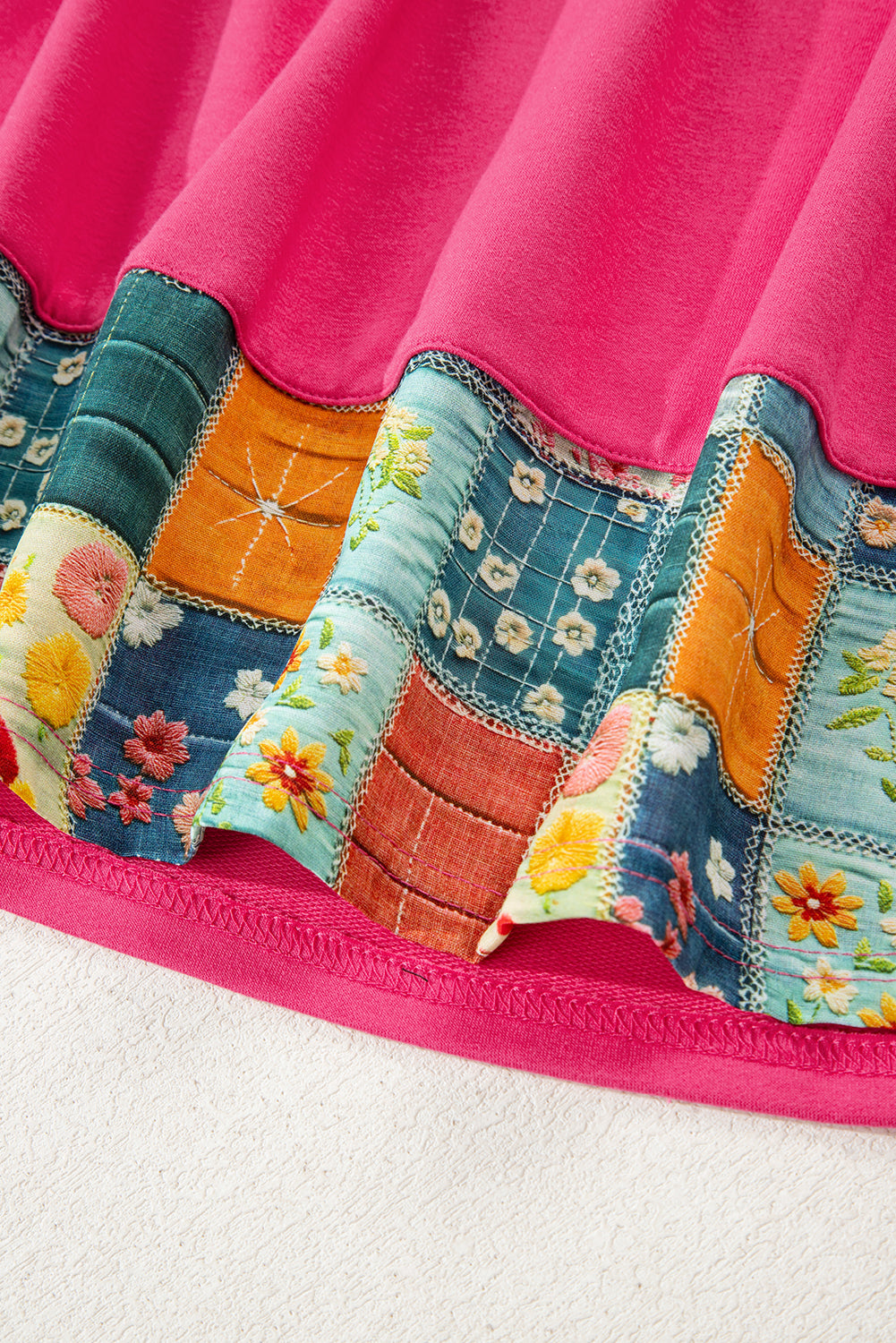 Bright Pink Patchwork Hemline Round Neck Casual Top