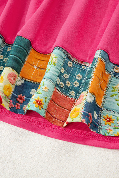 Bright Pink Patchwork Hemline Round Neck Casual Top