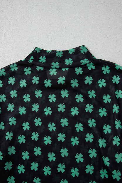 St. Patrick’s Day Shamrock Print Mesh Long Sleeve Bodysuit