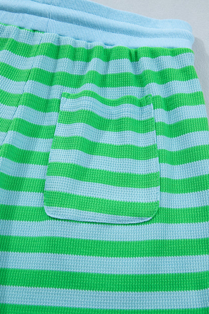 Green Stripe Puff Sleeve Lounge Set Drawstring Shorts
