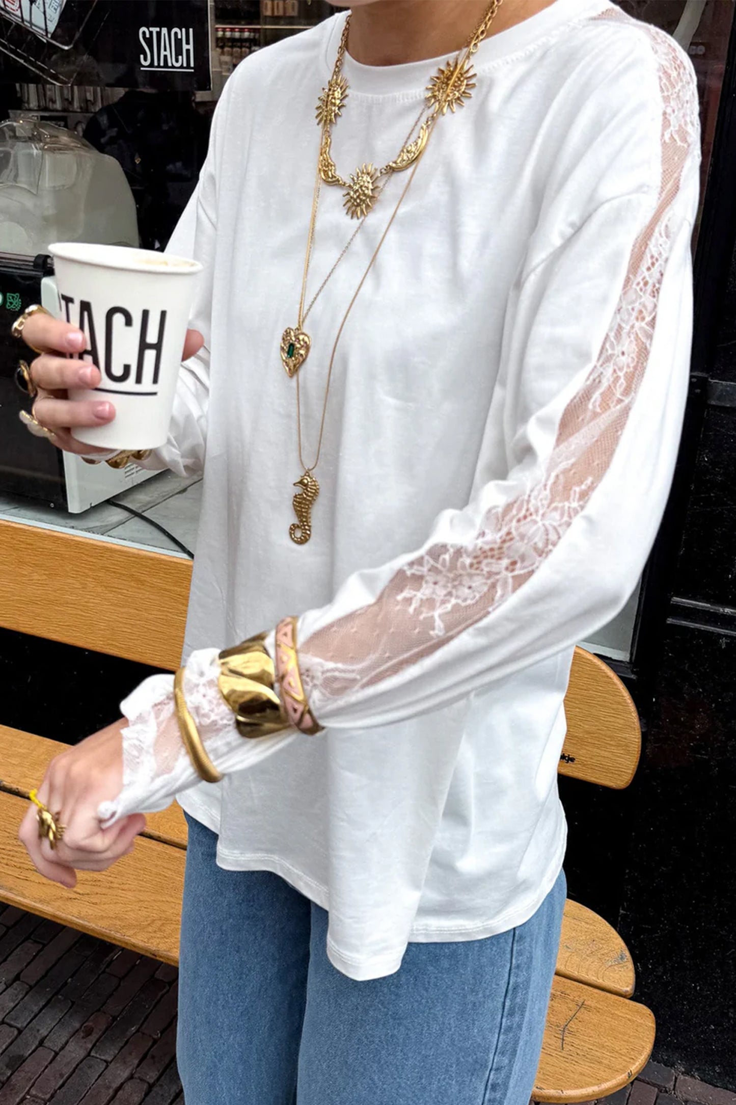 White Lace Sleeve Casual Round Neck Long Sleeve Top Women