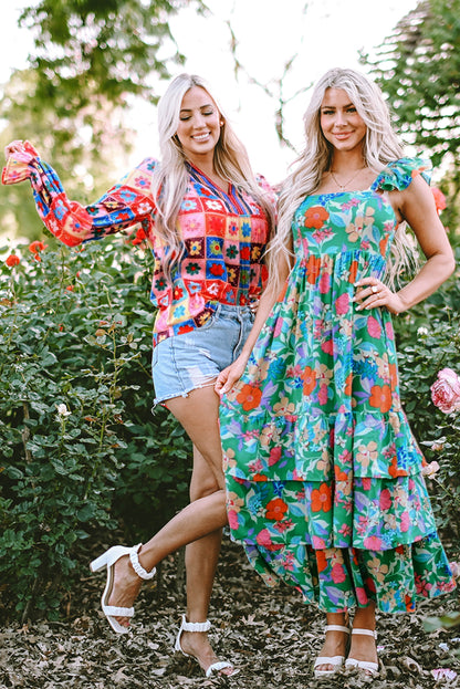 Easter Floral Square Neck Ruffle Strap Maxi Dress