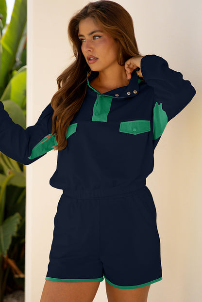 Color Block Patchwork Pullover and Shorts 2pcs Set