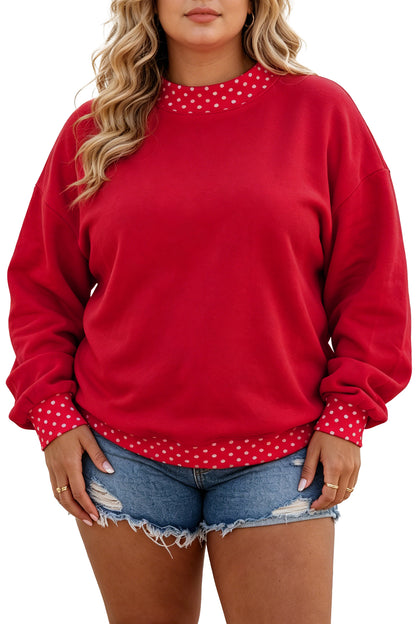 Polka Dot Trim Plus Size Crew Neck Tunic Sweatshirt