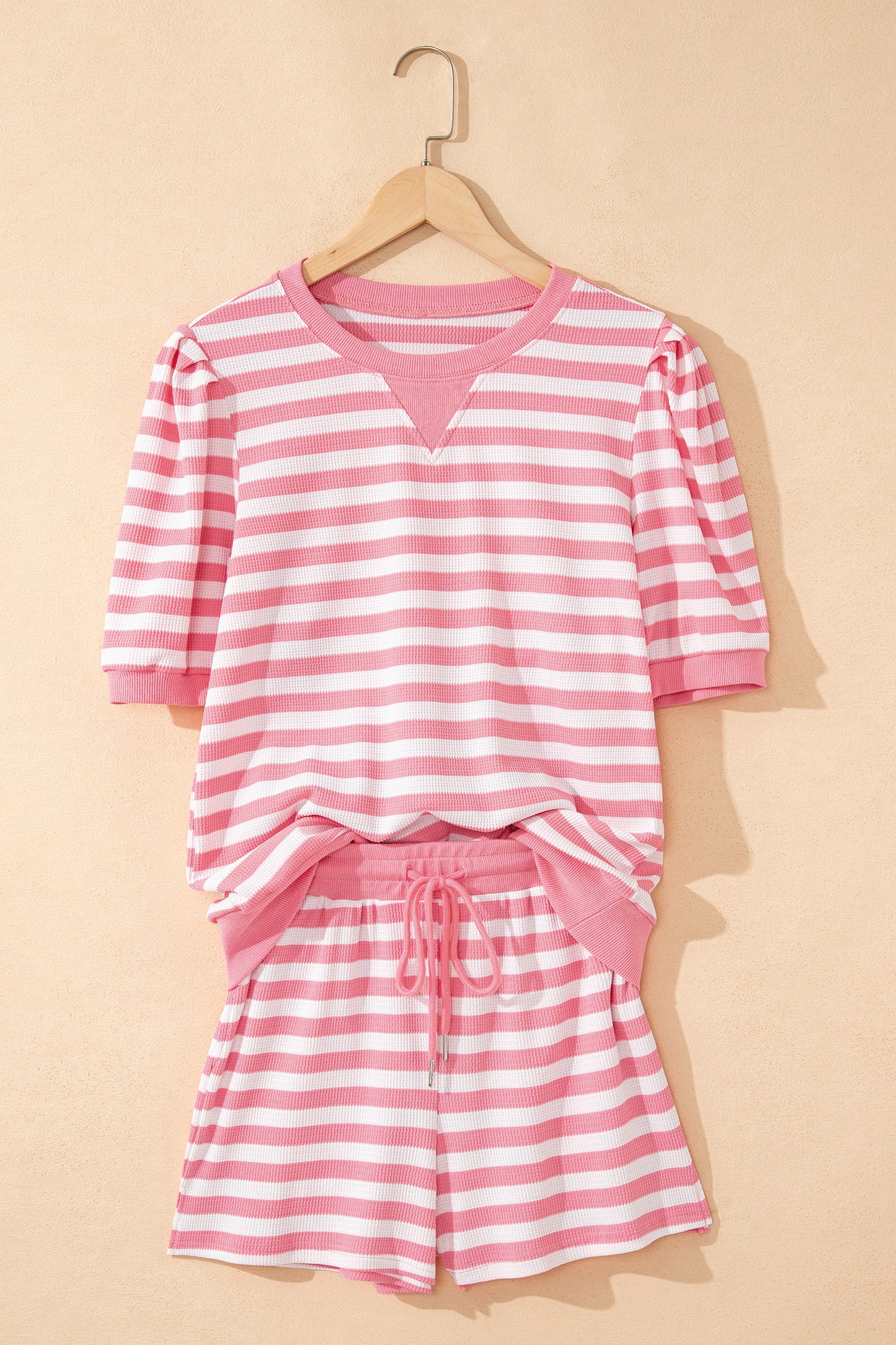 Green Stripe Puff Sleeve Lounge Set Drawstring Shorts