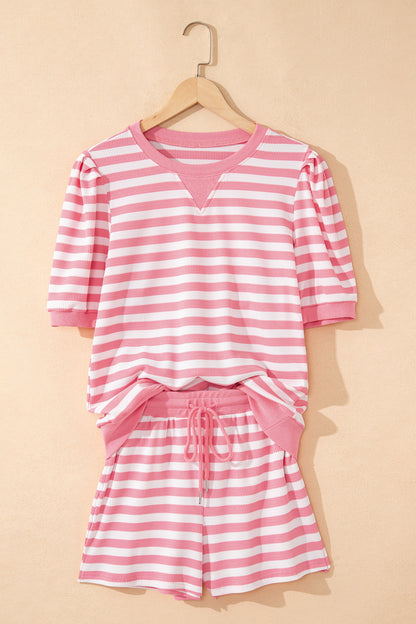 Green Stripe Puff Sleeve Lounge Set Drawstring Shorts