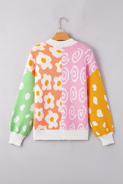 Orange Flower & Dotted Mixed Print Colorblock Open Front Cardigan