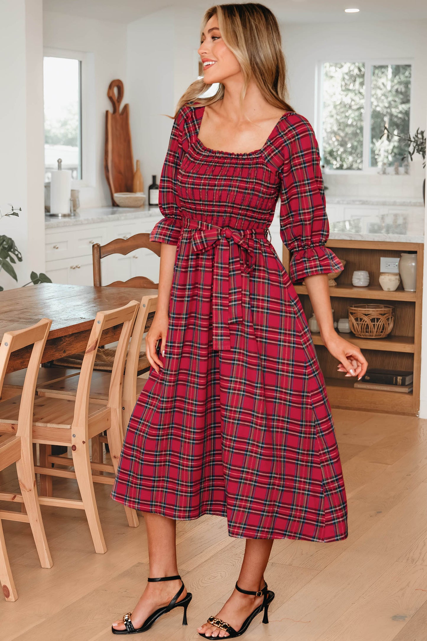 Red Tartan Plaid Puff Sleeve Smocked Waist Christmas Dress
