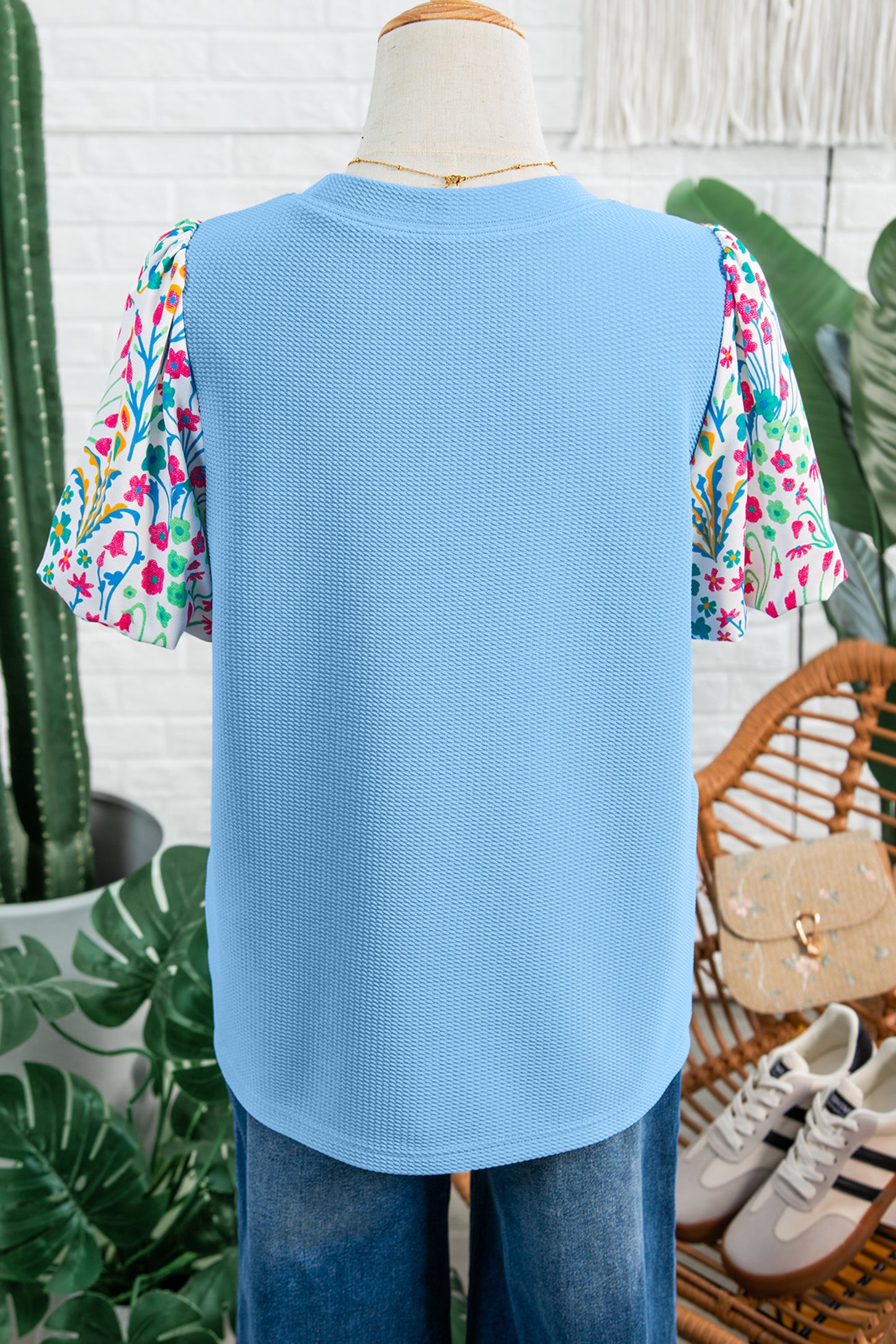 Blue Textured Floral Puff Sleeve Blouse