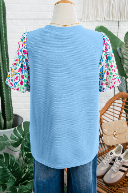 Blue Textured Floral Puff Sleeve Blouse
