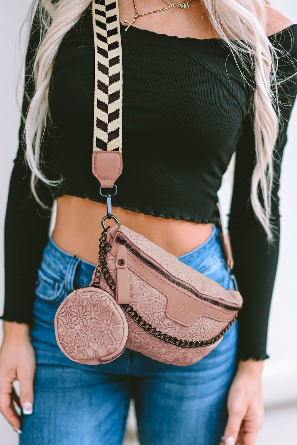 Black Crossbody Belt Bag with Contrast Strap and Coin Purse