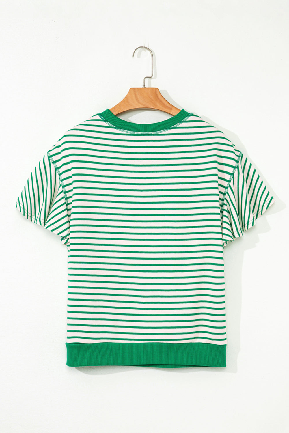 Green Striped Ruffle Sleeve Contrast Casual Top