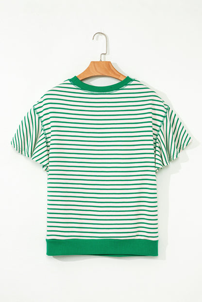Green Striped Ruffle Sleeve Contrast Casual Top