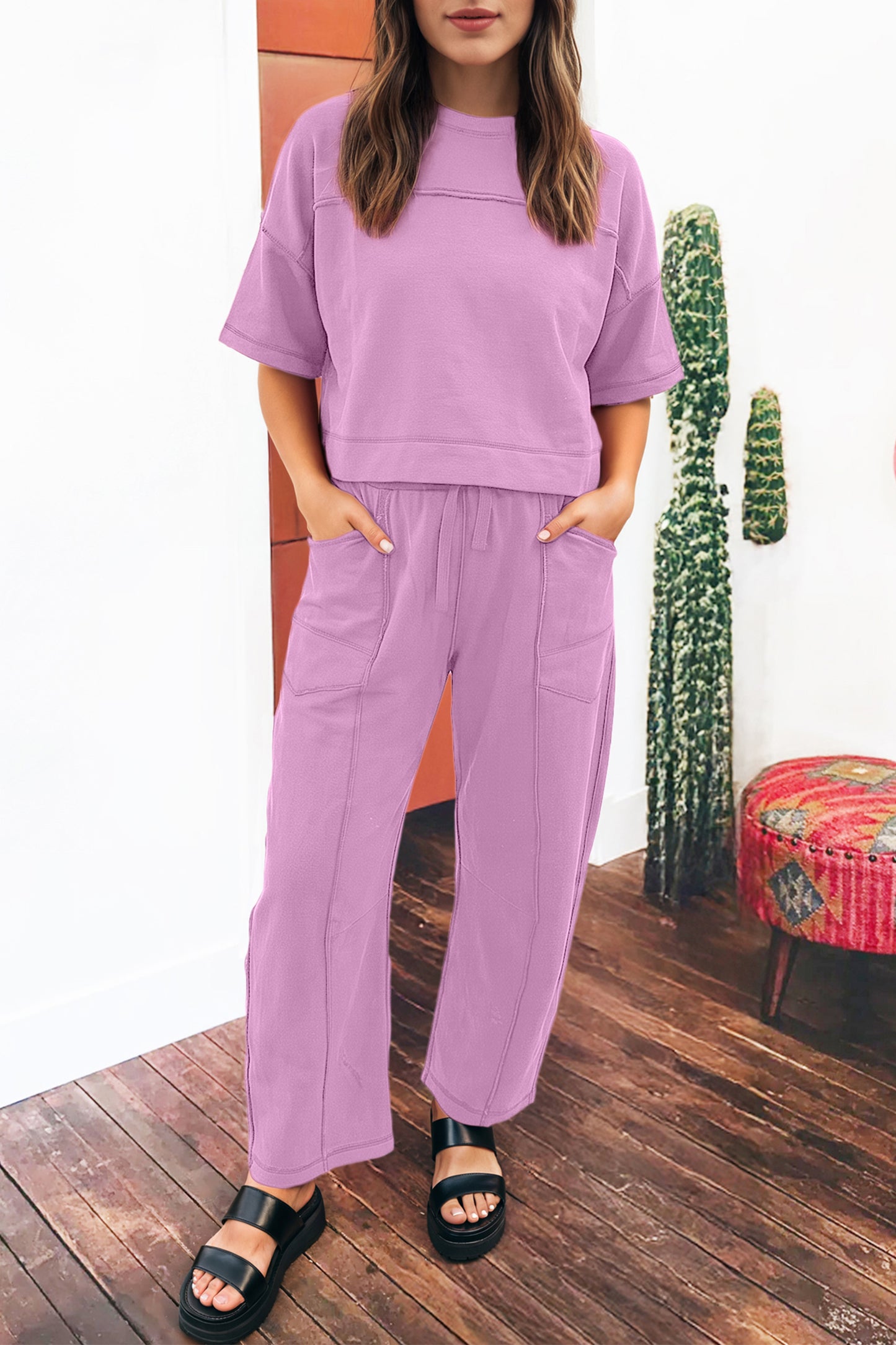 Boxy Tee and Wide Leg Pants Lounge Set Casual Outfit