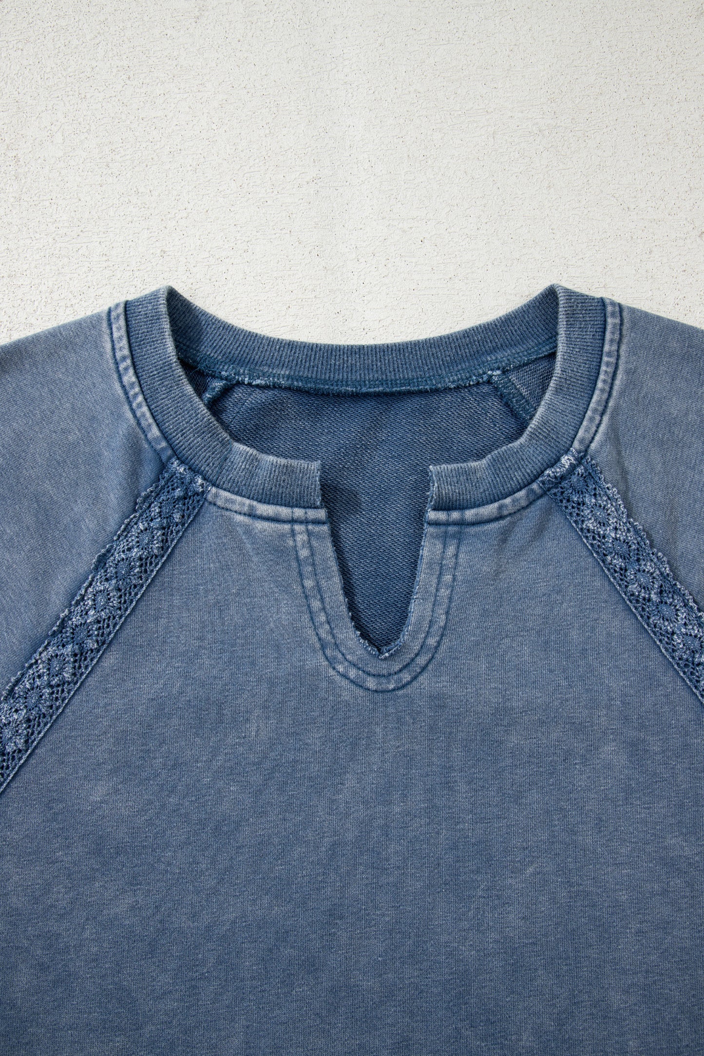 Lace Patchwork Notched Neck Mineral Wash Sweatshirt