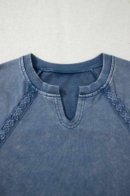 Lace Patchwork Notched Neck Mineral Wash Sweatshirt