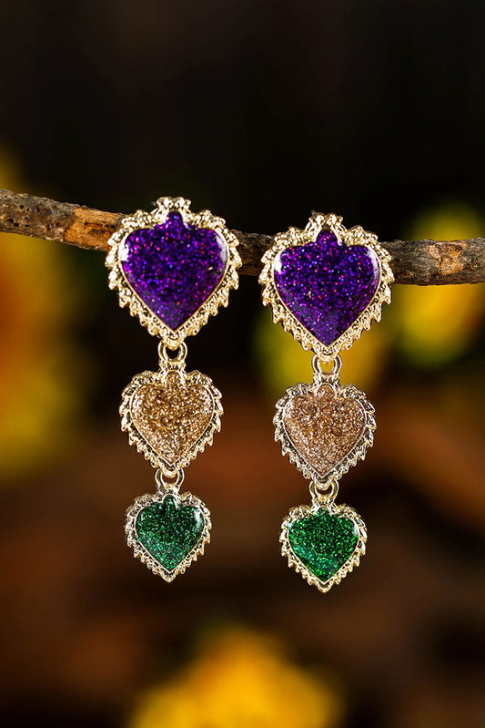 Purple Gold Green Glitter Heart Mardi Gras Dangle Earrings