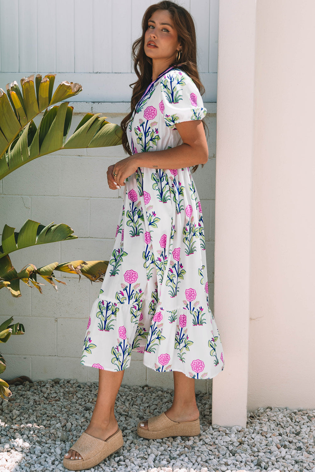 White Floral Contrast Trim V Neck Maxi Dress