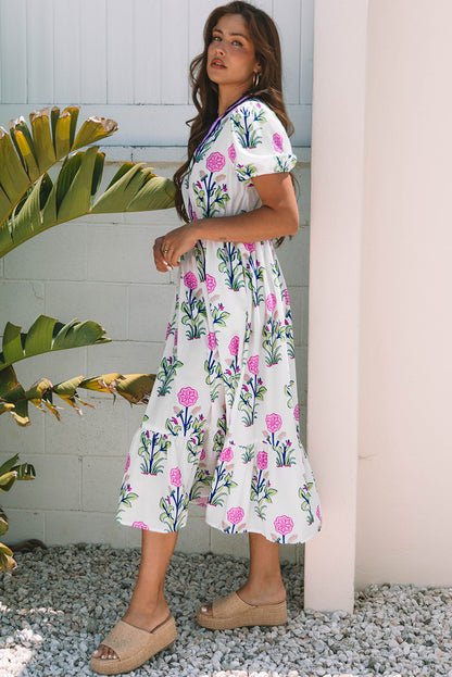 White Floral Contrast Trim V Neck Maxi Dress