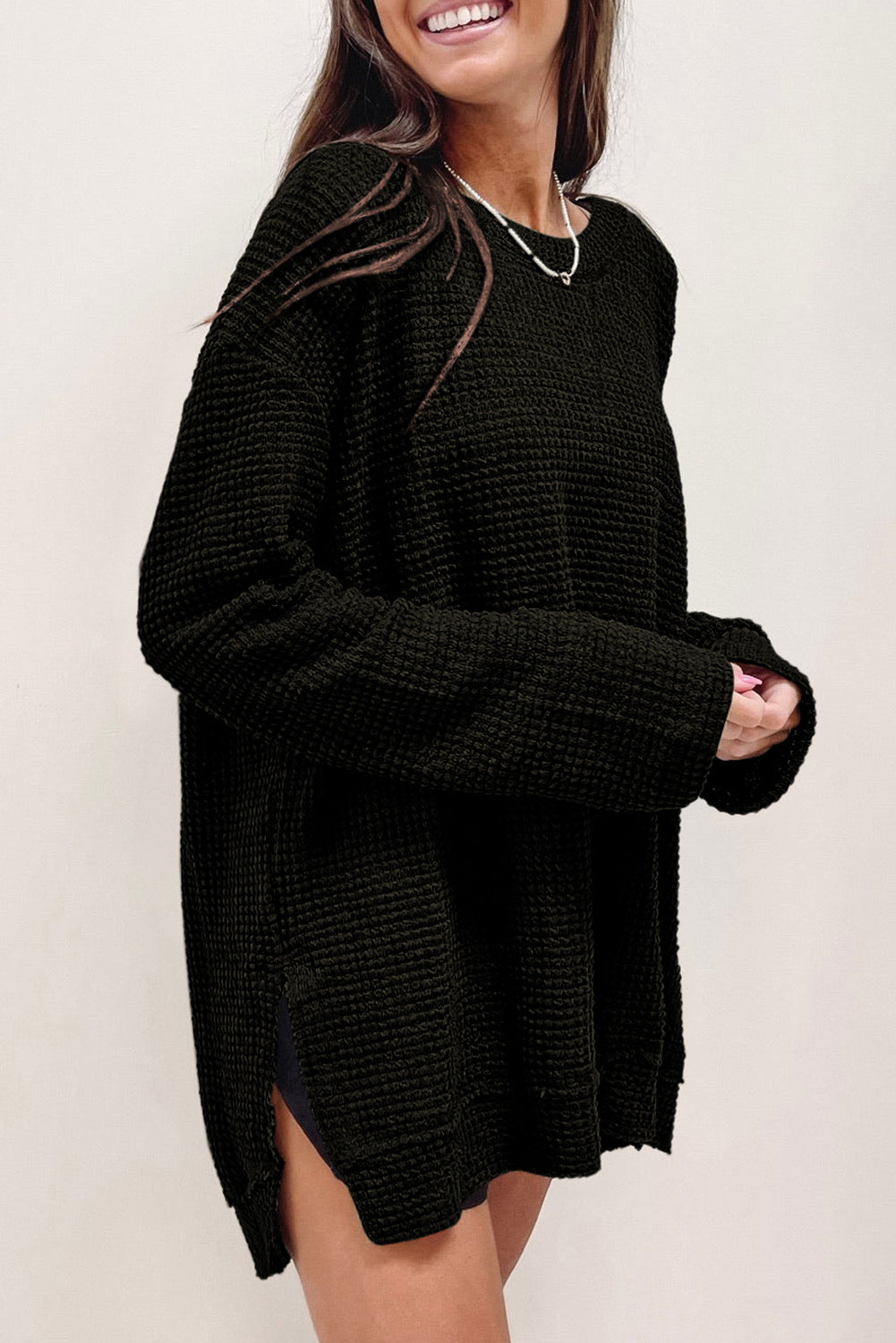 Black Waffle Knit Oversized Top with Side Slits