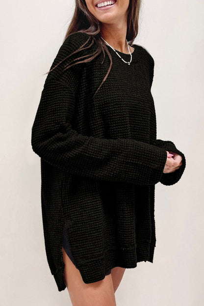 Black Waffle Knit Oversized Top with Side Slits