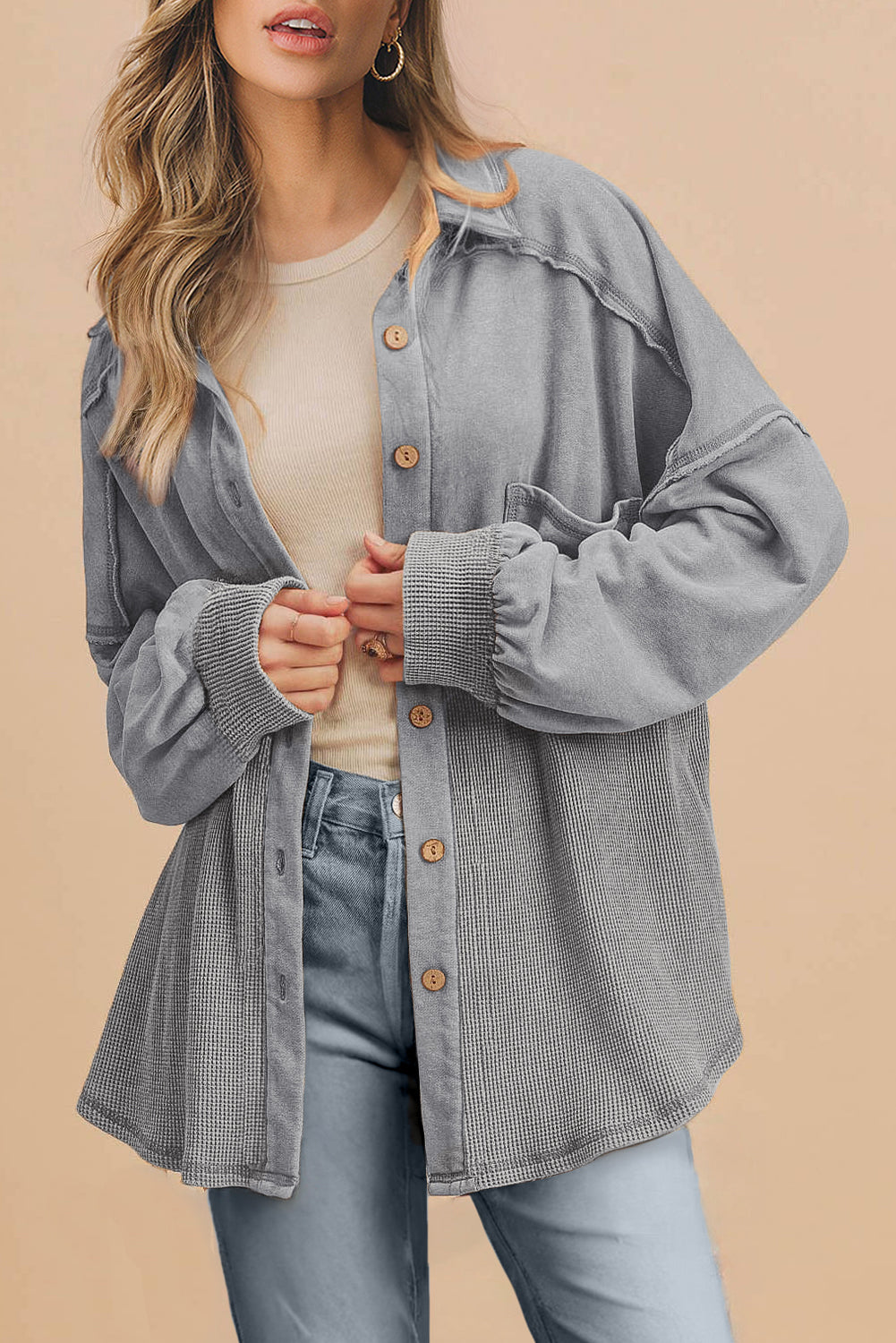 Black Waffle Knit Button Down Shacket Oversized Long Sleeve Top