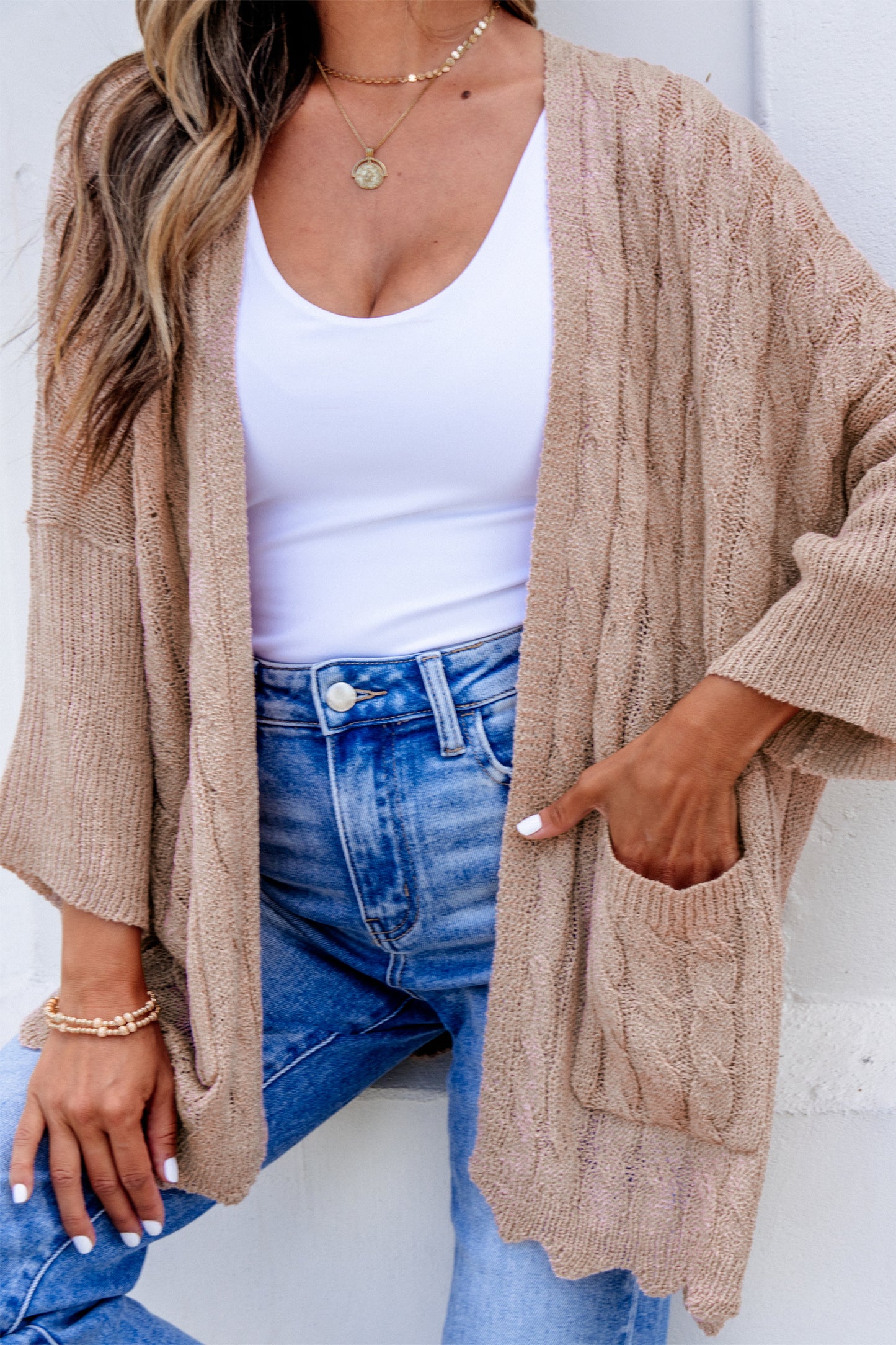 Old Rose Hollow Knit Drop Shoulder Cardigan Sweater