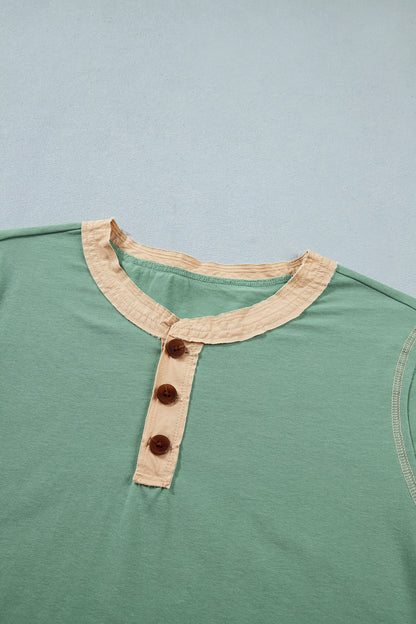 Short Sleeve Contrast Trim Button Henley Tee