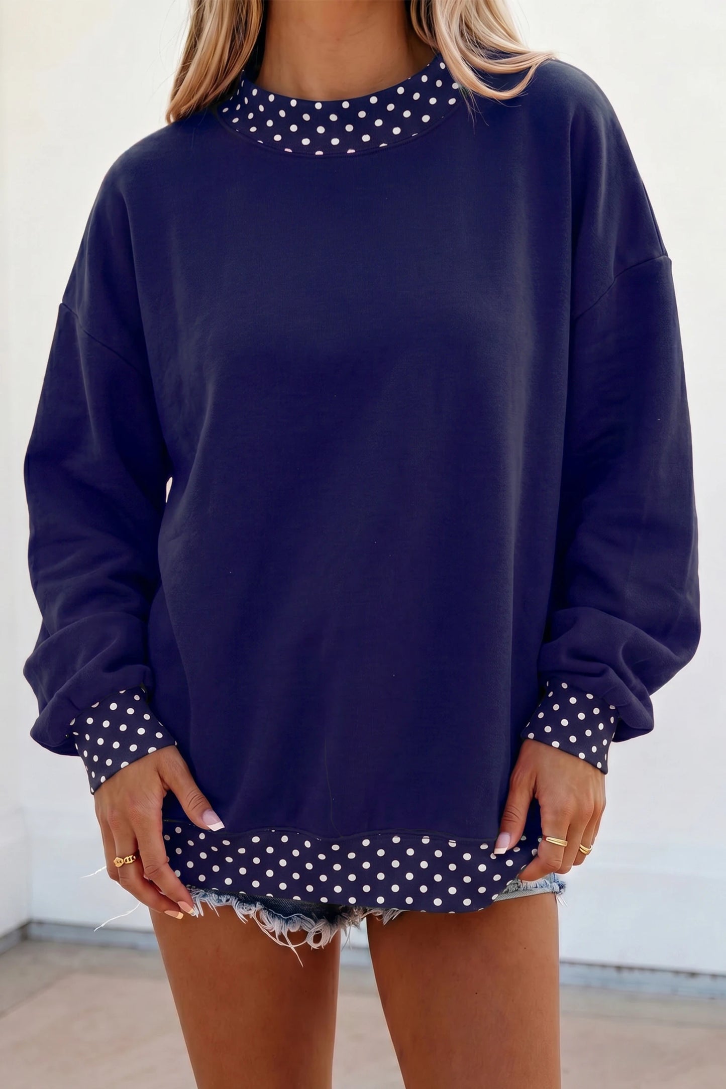 Red Polka Dot Trim Oversized Colorblock Sweatshirt
