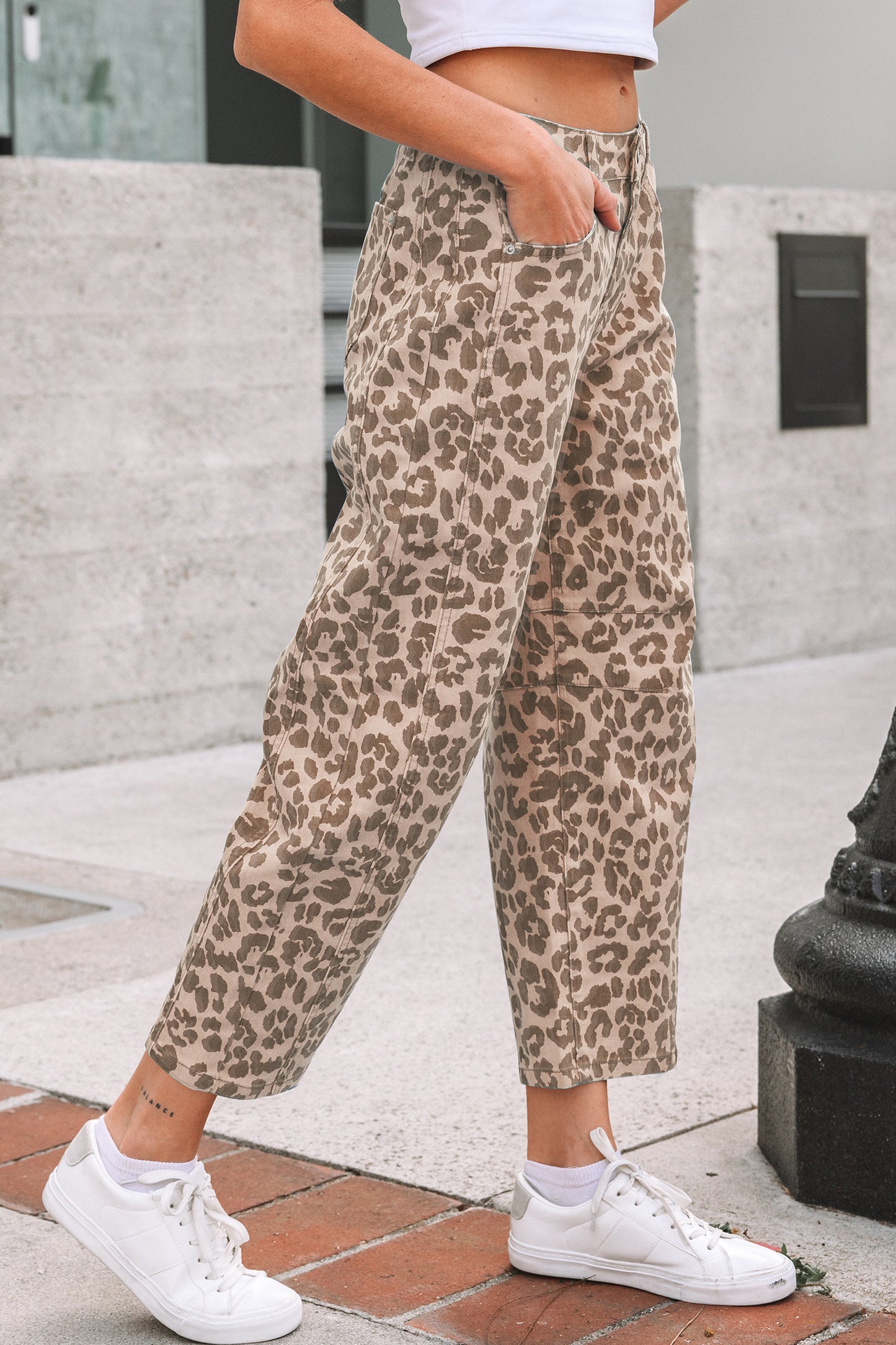 Leopard Print Barrel Leg Jeans High Rise Cropped