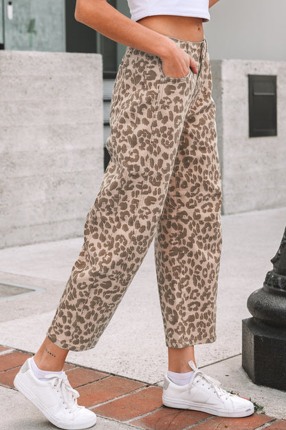 Leopard Print Barrel Leg Jeans High Rise Cropped