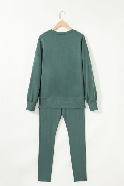 Solid Oversize Slit Sweatshirt with Ribbed Leggings Set