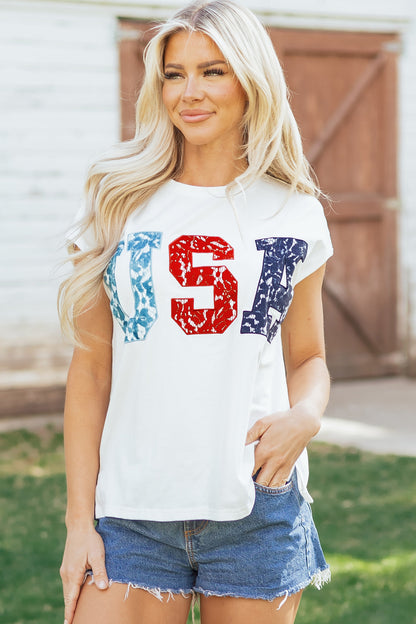 USA Lace Letter Dolman Tee Flag Day July 4th Top