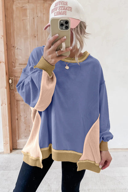 Color Block Patchwork Waffle Knit Oversized Sweatshirt