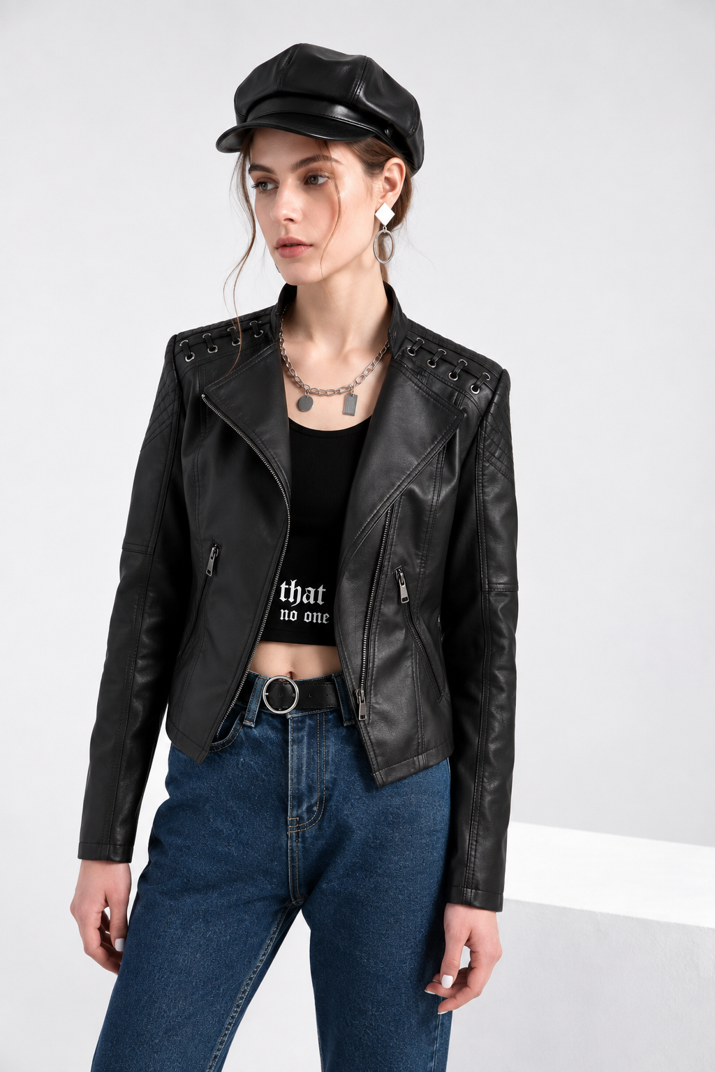 Womens Faux Leather Moto Jacket Slim Fit