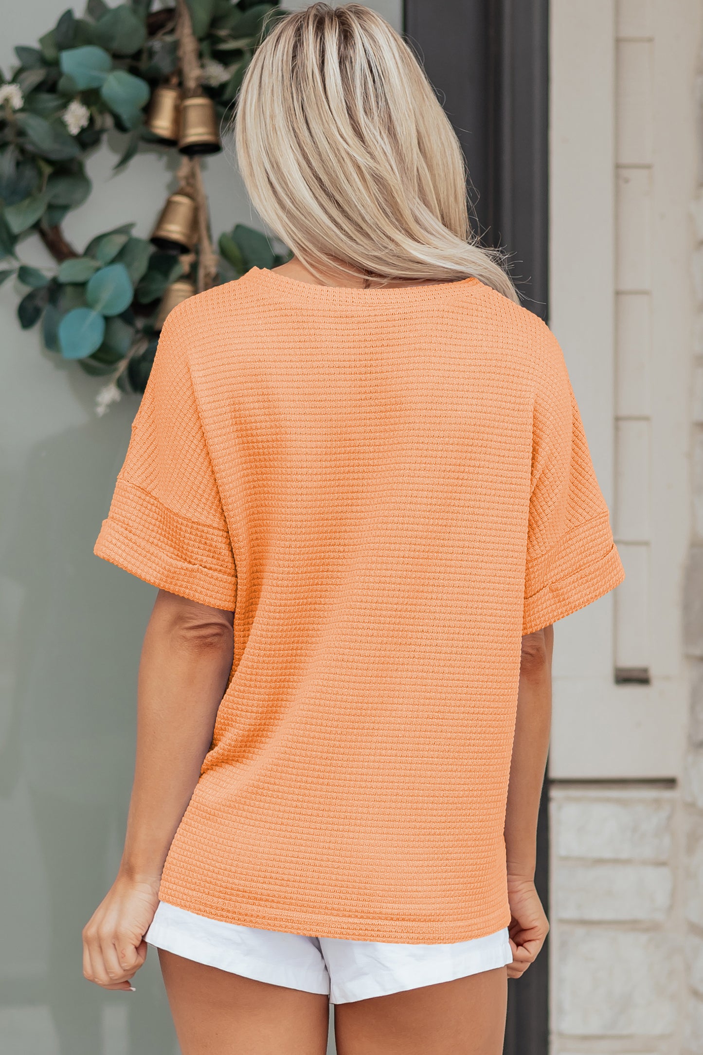 Strawberry Pink Waffle Knit V Neck Short Sleeve Casual Top