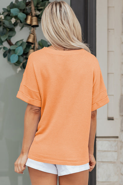 Strawberry Pink Waffle Knit V Neck Short Sleeve Casual Top