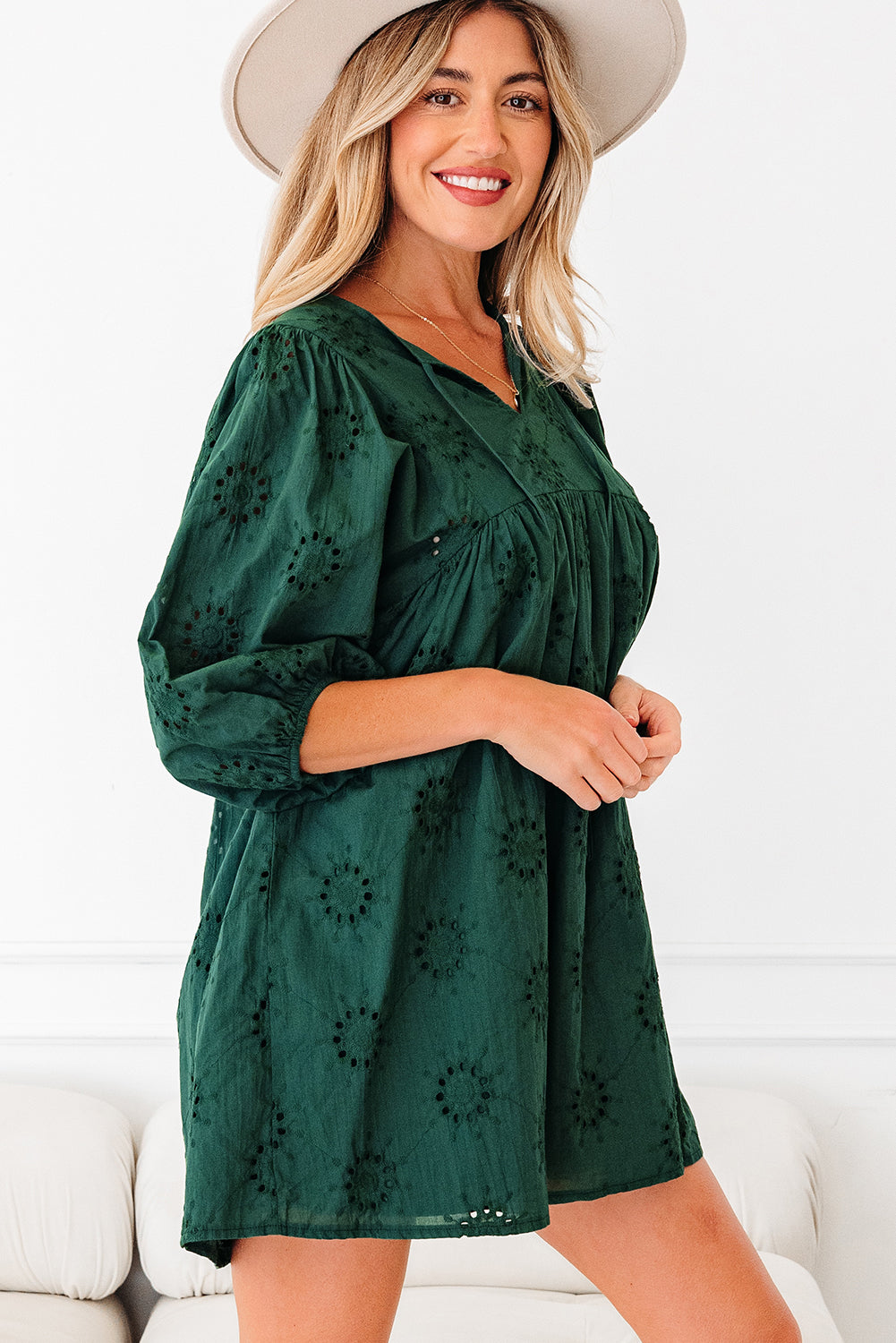 Green Eyelet Embroidered Puff Sleeve Babydoll Mini Dress