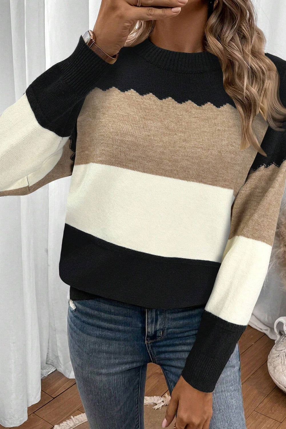 Black Beige Brown Colorblock Drop Shoulder Knit Sweater