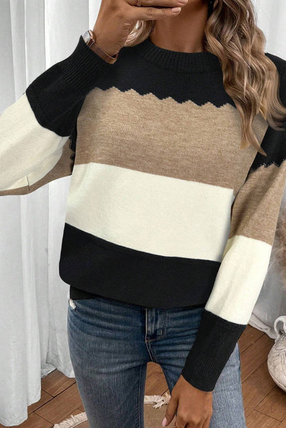 Black Beige Brown Colorblock Drop Shoulder Knit Sweater